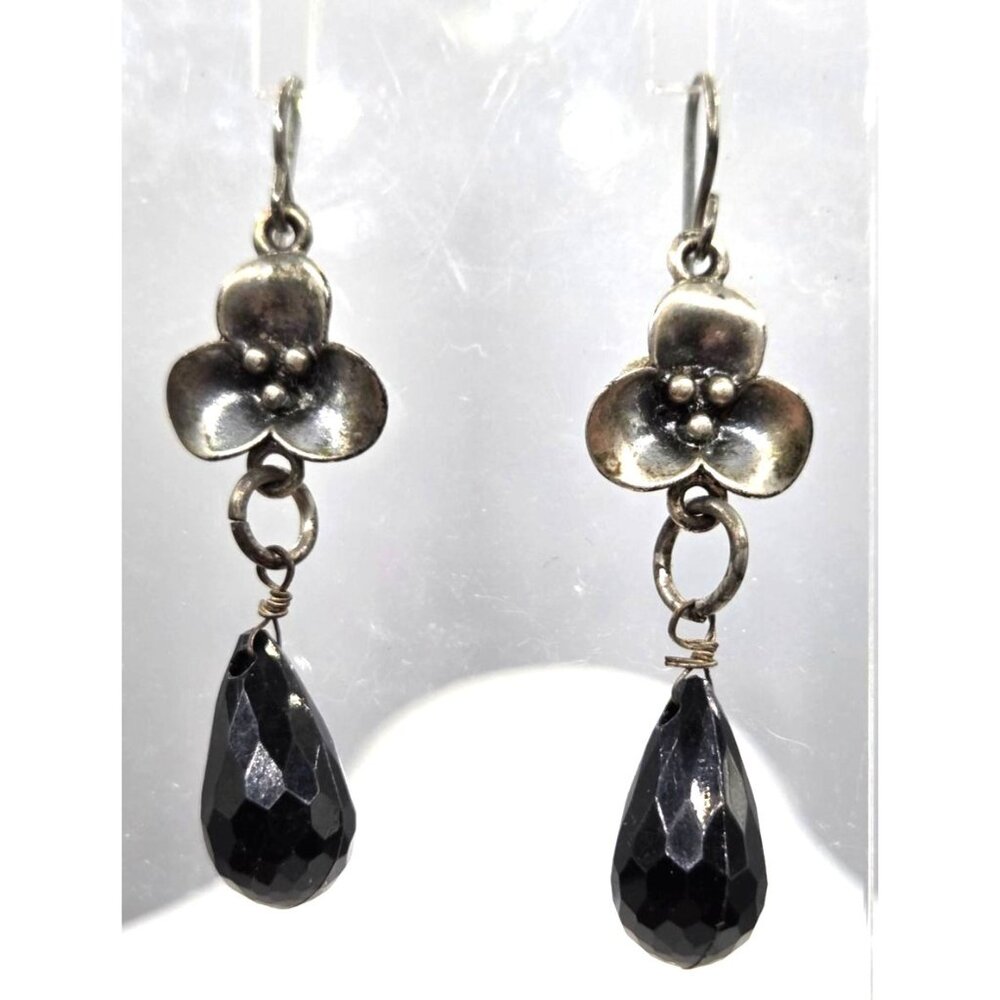 Vintage Flower Drop Earrings With Black Faceted Teardrop Beads
